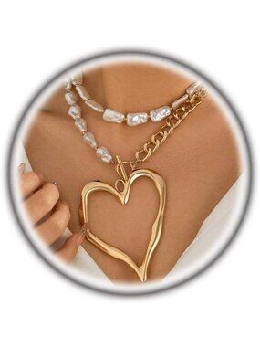 Women's Pearl Golden Chunky Gold Heart Necklace Puffy Heart Statement Chain